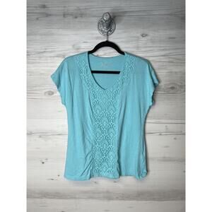 Chico's Shirt Womens Medium Aqua Blue Lace Crochet V-Neck Short Sleeve Modal